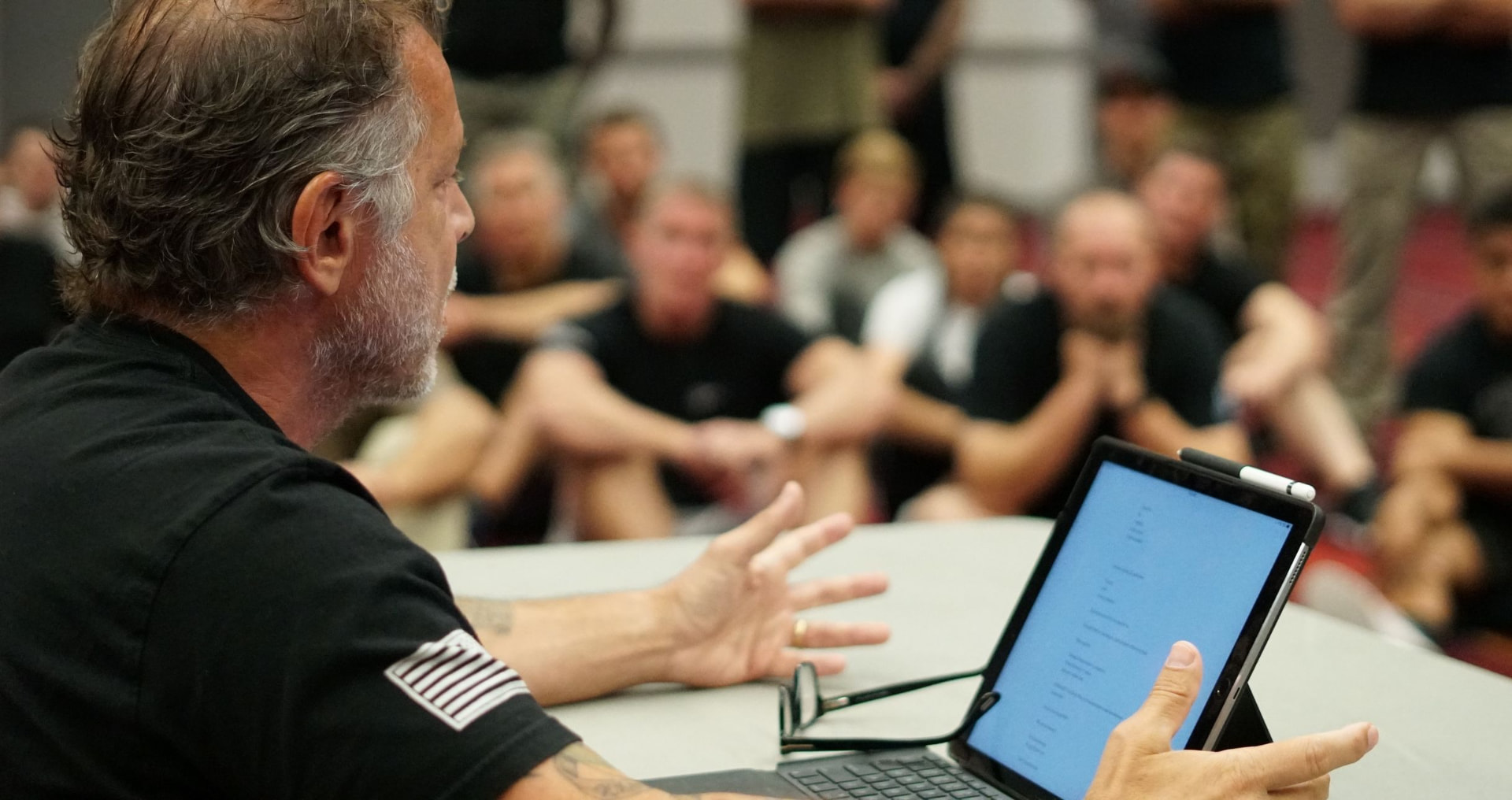 Coach Tony Blauer teaching a room of everyday men and women