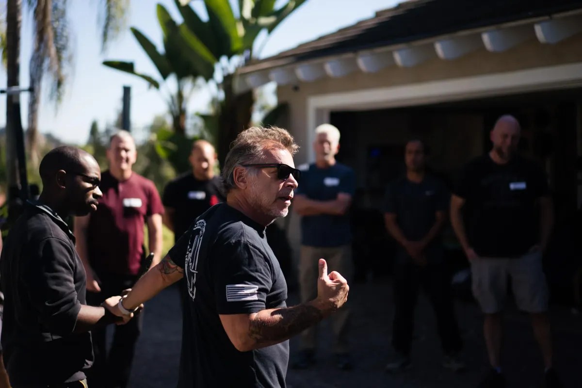 Coach Tony Blauer coaching a group of instructors