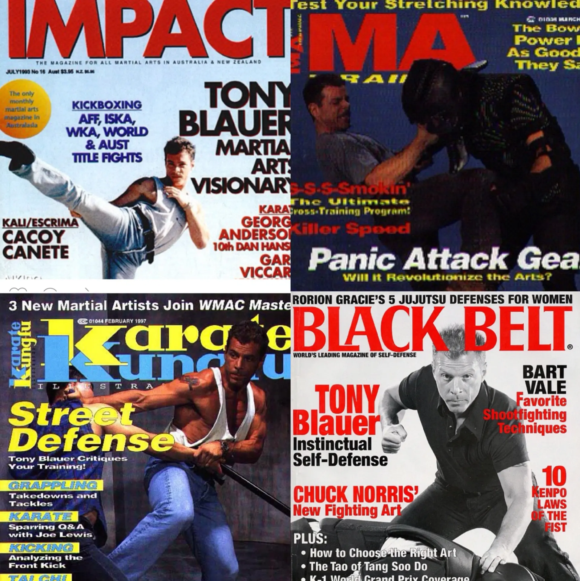 Magazine covers featuring Tony Blauer: Impact, MA Training, Karate Kung Fu Illustrated, and Black Belt