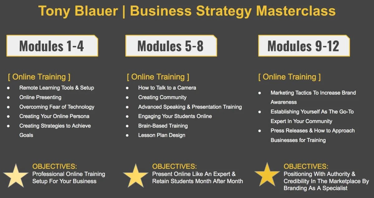Modules 1 to 12 of the Business Strategy Masterclass with objectives