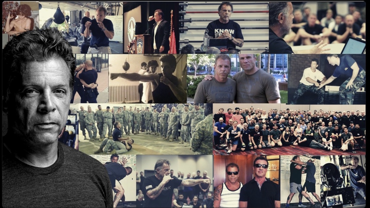 A collage of Coach Tony Blauer training military units, law enforcement officers, fighters and civilians over four decades